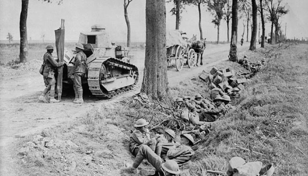 91_Canadian troops taking cover in a ditch alongside the road from Arras to Cambrai.